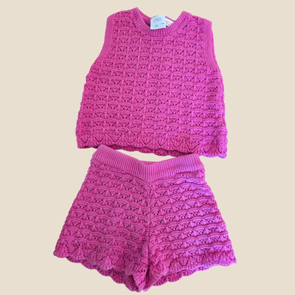 Zara Kids Girls Hot Pink Crochet Knit Set Sleeveless Top and Shorts Size 4 104cm